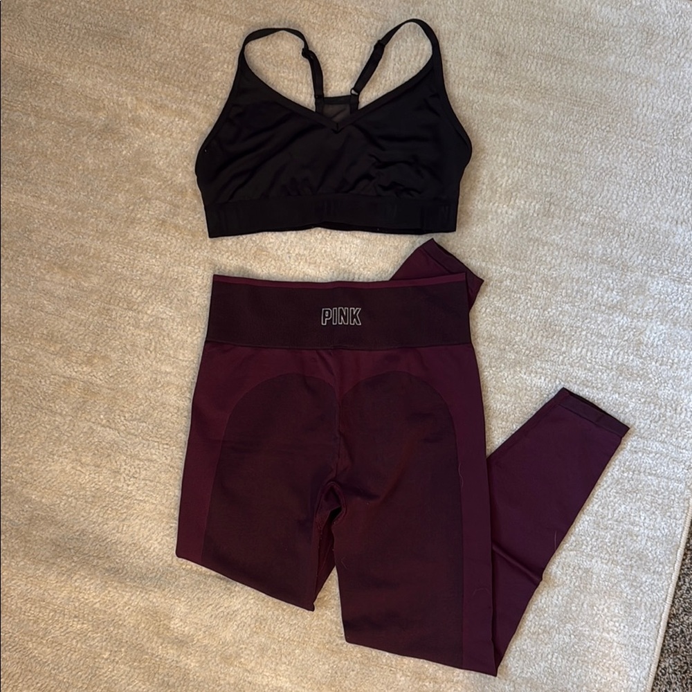 Victoria’s Secret PINK Black Sports Bra and Seamless Burgundy Leggings Set